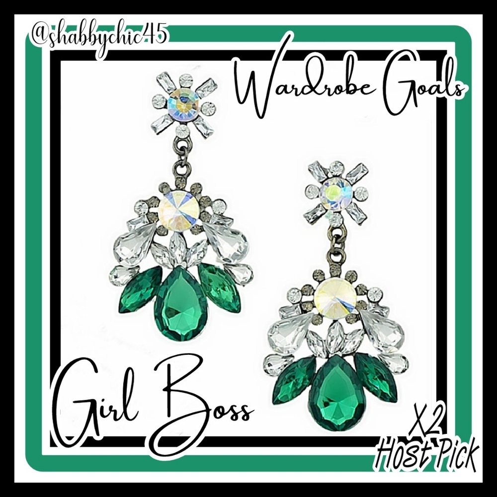 *2X HP* Green Flower Crystal Statement Earrings
